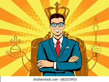 Business King. Businessman With Shadow As King. Man Leader, Success Boss, Human Ego. Vector Retro Pop Art Comic Drown Illustration.