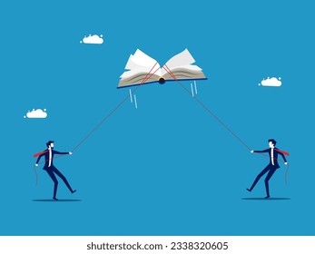 Business knowledge. Businessmen competing to pull books 