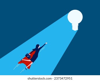 Business knowledge. Businesswoman flies to the light bulb icon