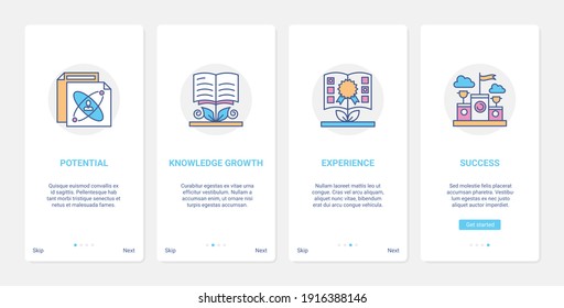Conocimiento empresarial, concepto educativo de ilustración vectorial. UX, UI onboarding página de aplicación móvil conjunto de pantalla con crecimiento de línea exitoso potencial carrera de hombre de negocios, experiencia, éxito símbolos abstractos