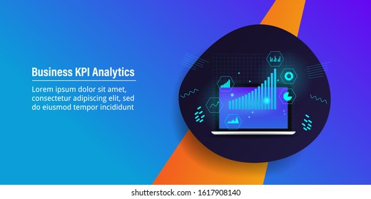 Business KPI analytics, KPI metrics, Digital data analysis - conceptual vector banner with icons and texts