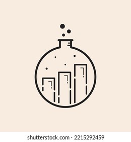 Business lab outline icon with circular test tube and bar graphs.