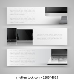 Business labels with a computer, a notebook, and cellphones, vector