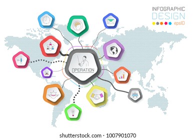 Business labels infographic on world map background.
