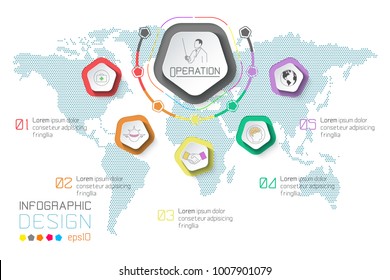 Business labels infographic on world map background.
