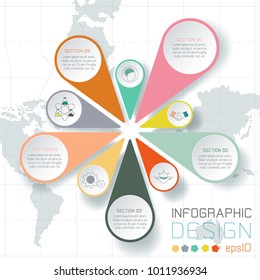 Business labels infographic on world map background.

