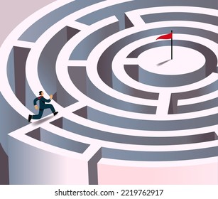 Business labyrinth. Maze goal concept. Manager character on path. Success skill. Men run in puzzle target. Leadership metaphor. Businessman strategy. Vector cartoon tidy illustration