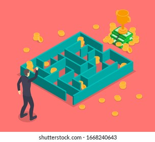 Business Labyrinth Solution Concept 3d Isometric View Include of Golden Coin, Cup and Businessman. Vector illustration