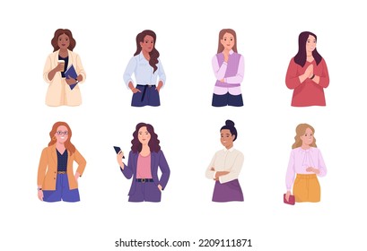 Business ladies avatars collection. Vector illustration in flat cartoon style of business women of different ages and races in suits and with accessories of office employees. Isolated on white