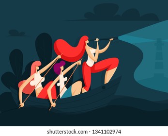 Business ladies float to the cherished goal. Business concept. Vector illustration in flat style
