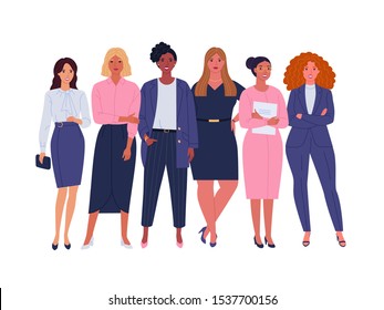 Business ladies team. Vector illustration of diverse standing cartoon women in office outfits. Isolated on white.