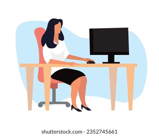 business lady accountant. female cartoon characters in office working in computer sitting desk, labor force support staff. vector minimalistic hand drawn businesswoman.