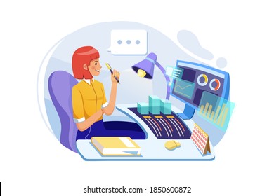 Business lady analyzing financial income with desk chart. Flat illustration isolated on white background.