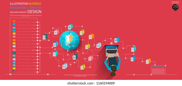 Business Lady, Brainstorming,Laptop, icon,Folder icon,Earth,trophy,Illustration Business Infographics Template  Idea and concept design.