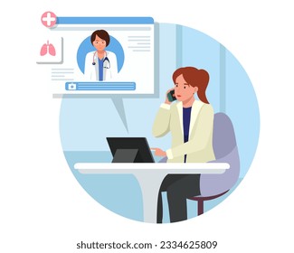 Business lady calling to doctor to make an appointment. Quick and easy way to receive medical advice and treatment from comfort of ones own home. Digital prescriptions and teletherapy. Flat vector
