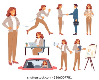 Business lady. Cartoon office woman character, various poses and actions, manager works, talks on phone, makes presentation, driving car, sitting at workplace, running and standing vector set