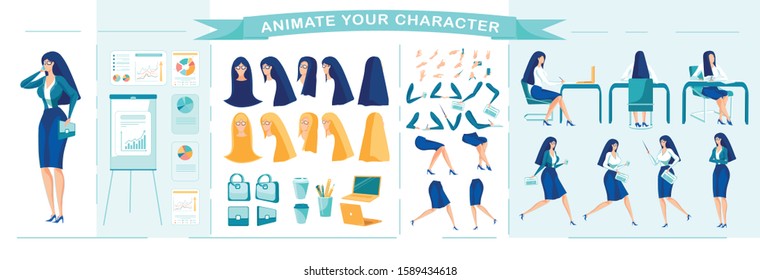 Business Lady Character Animation Set with Body Parts and Various Ready Poses. Woman Company Employee with Office Items and Stationery. FLat Cartoon Vector Illustrations Collection Isolated.