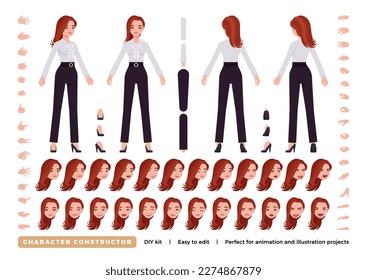 Business lady character DIY constructor. Office girl figure parts. Head, leg, hand gestures, female manager different emotions. Vector flat style cartoon construction kit isolated on white background