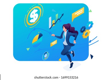 Business lady is committed to success, runs on a planned schedule. 3D isometric. Concept for web design