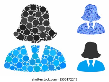 Business lady composition of filled circles in variable sizes and color tinges, based on business lady icon. Vector filled circles are grouped into blue collage.