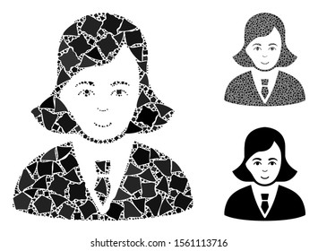 Business lady composition of raggy parts in different sizes and shades, based on business lady icon. Vector uneven parts are grouped into composition. Business lady icons collage with dotted pattern.