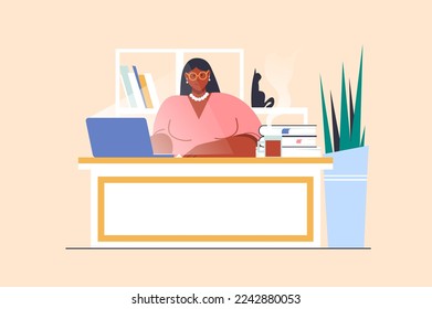 Business lady concept with people scene in flat design. Woman entrepreneur sitting at desk and working at laptop, developing her own company. Vector illustration with character situation for web
