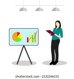 Business lady digital poster with integrals, and infographics. Poster with office worker for presentation. Fashionable banner with a girl for cards, logos, layouts. Modern people design.