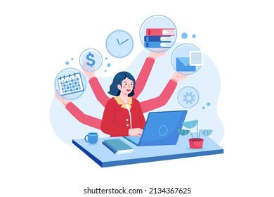 Business lady do multitasking Illustration concept. Flat illustration isolated on white background.