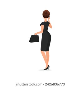 Business lady in dress holding bag and phone, female character talking, back view vector illustration