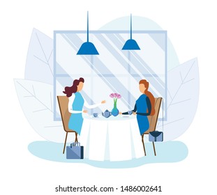 Business Lady Drinking Tea and Talking at Cafe. Two Faceless Women Sitting at Table in Cozy Eco Restaurant. Cartoon Female Friends Sharing News. Informal Atmosphere. Work Break. Vector Illustration