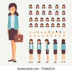 Business lady. Front, side, back, 3/4 view for animation. Separate parts of body. Constructor with various views, emotions and gestures. Cartoon style, flat vector illustration.