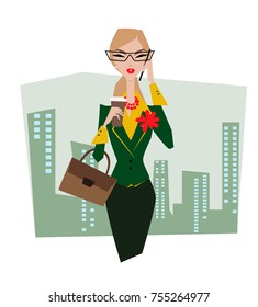 Business lady in glasses with briefcase in the street talking on the phone. Drinks cofee.