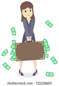 Business lady with a heavy suitcase full of money isolated on white background , concept of prosperity of women in business