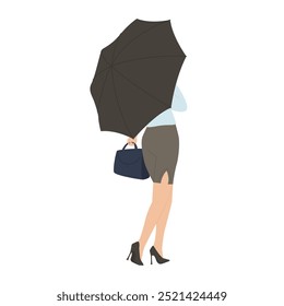 Business lady in heels walking under umbrella in rainy weather, rear view vector illustration