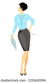 Business lady holding a notebook and pen. Beautiful girl in a strict blouse and skirt. A woman stands, shod in high-heeled shoes. Vector illustration.