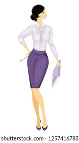 Business lady holding a notebook and pen. Beautiful girl in a strict blouse and skirt. A woman stands, shod in high-heeled shoes. Vector illustration.