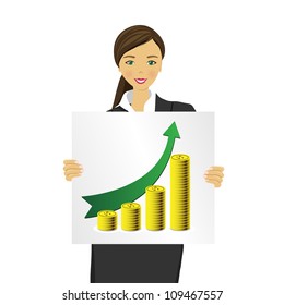Business lady holding a poster with the arrow facing up.