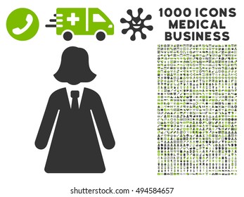 Business Lady icon with 1000 medical commerce eco green and gray vector pictographs. Design style is flat bicolor symbols, white background.