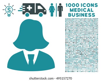 Business Lady icon with 1000 medical business soft blue vector pictograms. Collection style is flat bicolor symbols, white background.