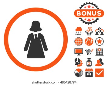 Business Lady icon with bonus elements. Vector illustration style is flat iconic bicolor symbols, orange and gray colors, white background.