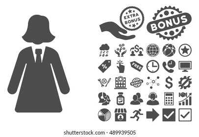 Business Lady icon with bonus elements. Vector illustration style is flat iconic symbols, gray color, white background.