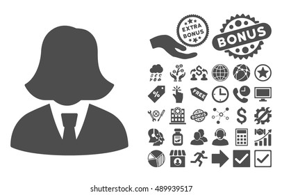 Business Lady icon with bonus elements. Vector illustration style is flat iconic symbols, gray color, white background.