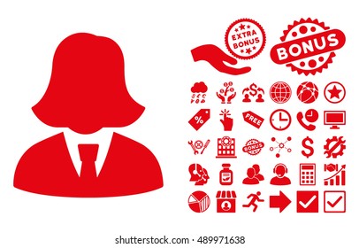Business Lady icon with bonus pictograph collection. Vector illustration style is flat iconic symbols, red color, white background.
