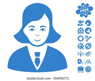 Business Lady icon with bonus service images. Vector illustration style is flat iconic cobalt symbols on white background.