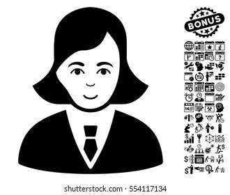Business Lady icon with bonus business, time management and calendar clip art. Vector illustration style is flat iconic symbols, black color, white background.
