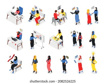 Business lady isometric composition with isolated human characters of fashionable muslim women during various work activities vector illustration