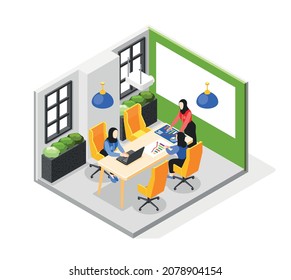 Business lady isometric composition with view of office work meeting with muslim women boss and employees vector illustration