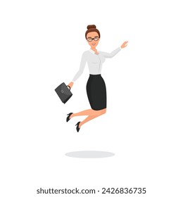 Business lady jumping, happy woman in glasses and formal clothes vector illustration