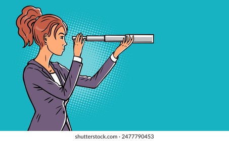 Una mujer de negocios mira a través de un telescopio. Estrategia de negocio y pronóstico. Previsión y éxito. Ilustración vectorial de dibujos animados. Anuncio con lugar para texto. Estilo de arte Pop. Contorno dibujado a mano