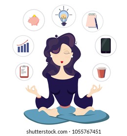Business lady is meditating. Business management. Meditation and tranquility. Harmony. Development level. Career progression. Modern flat style vector illustration. Isolated on white background.